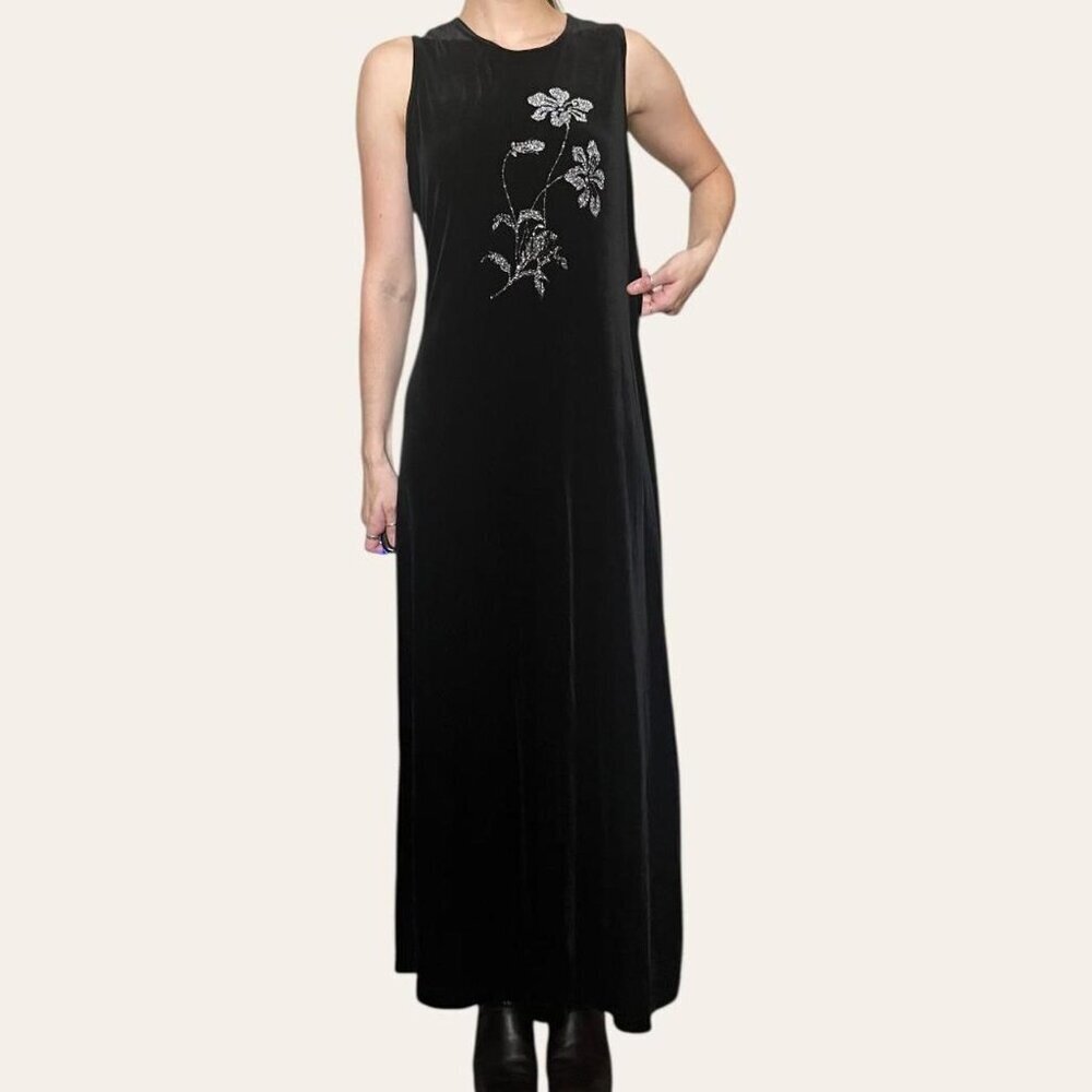 Ronni Nicole Ouida 80s/90s vintage black velvet glitter floral maxi dress small - Picture 5 of 6